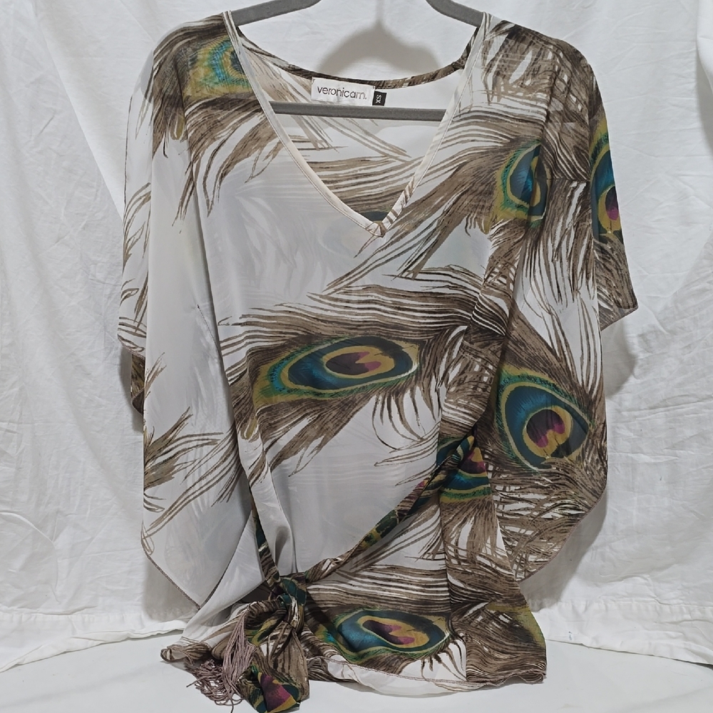 Veronica M White and Brown Feather Print Blouse